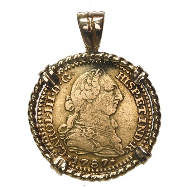 Madrid, Spain, gold bust 1 escudo, Charles III, 1787 DV, mounted in thin twisted-wire 18K gold bezel