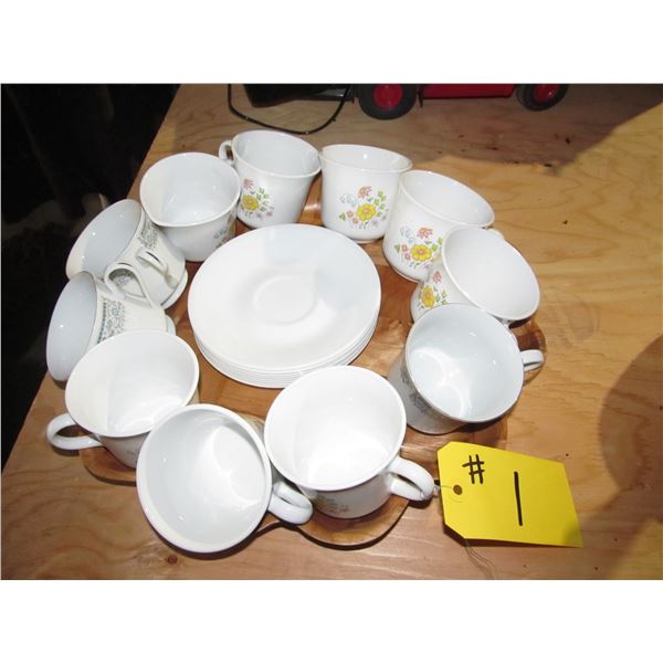 10 CUPS & SAUCERS, CREAMER (MOSTLY CORELLE)