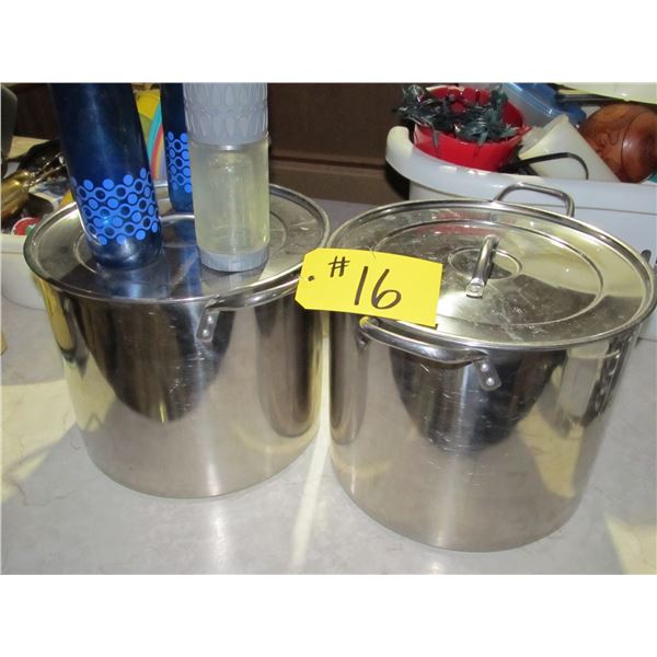 2 STAINLESS STEEL COOKING POTS & WATER BOTTLES