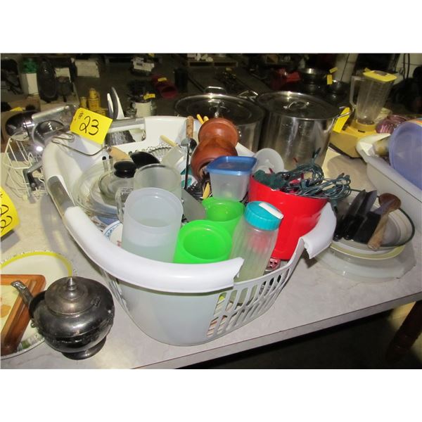 RUBBERMAID TUB C/W PLATES, SAUCERS, UTENSILS, TUPPERWARE, ETC