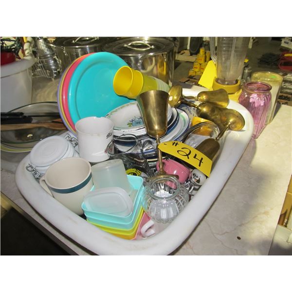 TUB OF BRASS STEINS, PORCELAIN PLATES, VARIOUS HOUSEWARES