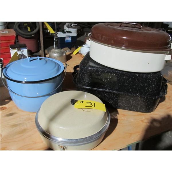 ROASTERS, WATER PAIL, COOKING POTS AND PANS