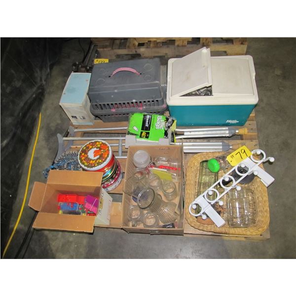 JARS, VASES, CRUTCHES, PET CARRIER, COOKIE CANS, COOLER