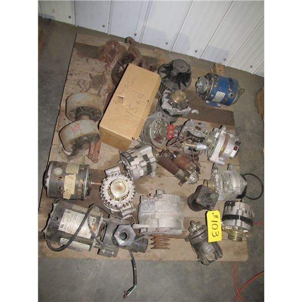 PALLET C/W ALTERNATORS, HYDRAULIC PUMPS, BOOMERS, CASTERS, WATER PUMP, ELECTRIC MOTOR