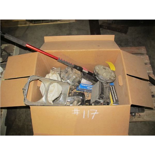 BOX OF CHEV/GMC CENTRE CAPS, LIGHTS, BEZZLES, SNOW BRUSH