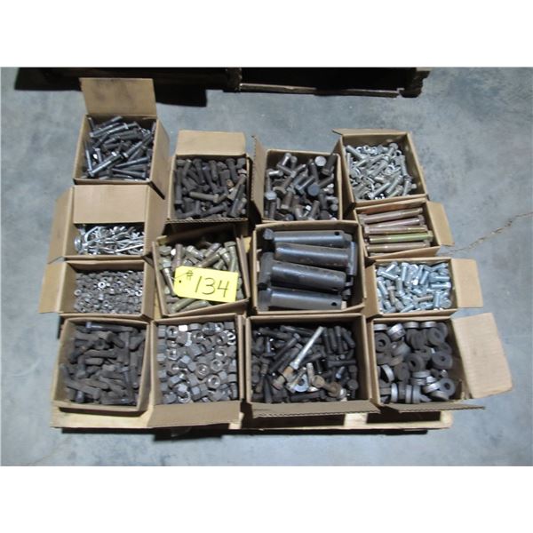 PALLET OF NUTS, BOLTS, HAIR PINS, HEAVY MACHINED PINS