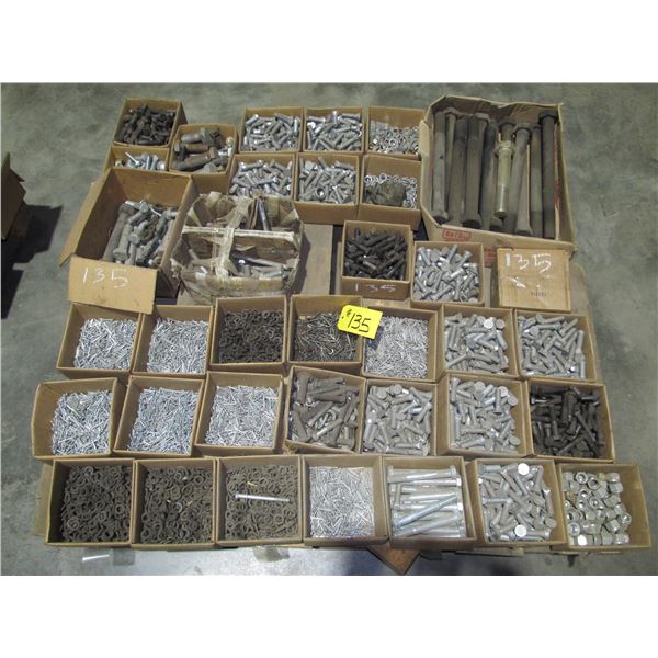 PALLET INCLUDING 18" X 1.25" BOLTS, PLOW BOLTS COTTER PINS, LOCK WASHERS, LOCK NUTS