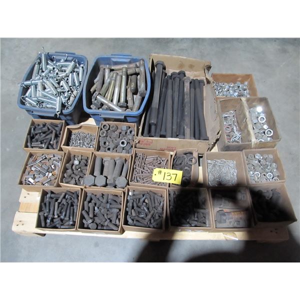 PALLET INCLUDING LONG HEAVY BOLTS, NUTS, HAIR AND COTTER PINS