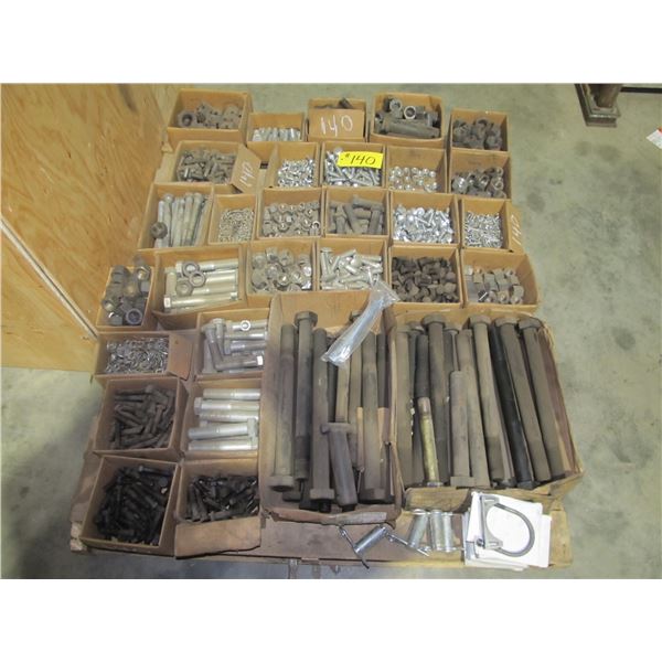PALLET INCLUDING HEAVY MACHINED PINS, LONG HEAVY BOLTS, NUTS & WASHERS, COTTER PINS, MUFFLER CLAMPS