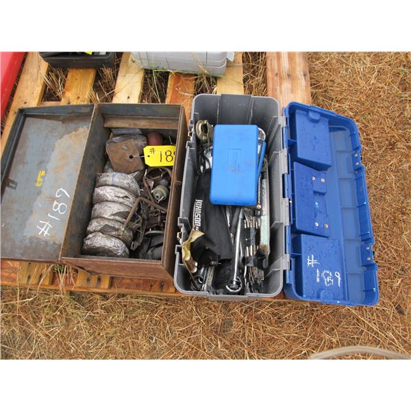 2 BOXES OF WOOD BITS, BIG SOCKETS, WRENCHES, MECHANICS WIRE