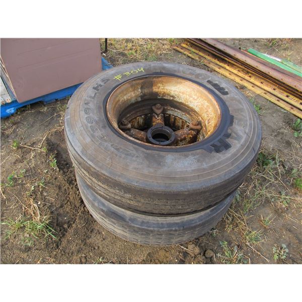 2 - 11 X 22.5 TIRES ON DAYTON RIMS