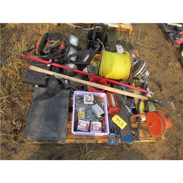 FOLDING SAW HORSES, WELDING RODS, SPOOL OF 3/8" NYLON ROPE, ROOFING NAILS, DRIVING LIGHTS,