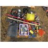 Image 1 : FOLDING SAW HORSES, WELDING RODS, SPOOL OF 3/8" NYLON ROPE, ROOFING NAILS, DRIVING LIGHTS,