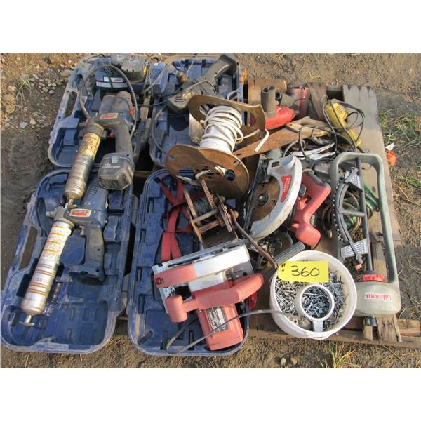 BATTERY OPERATED GREASE GUNS, HAND WINCH, SKIL SAWS, DRILLS, ROOF NAILS, AIR IMPACTS