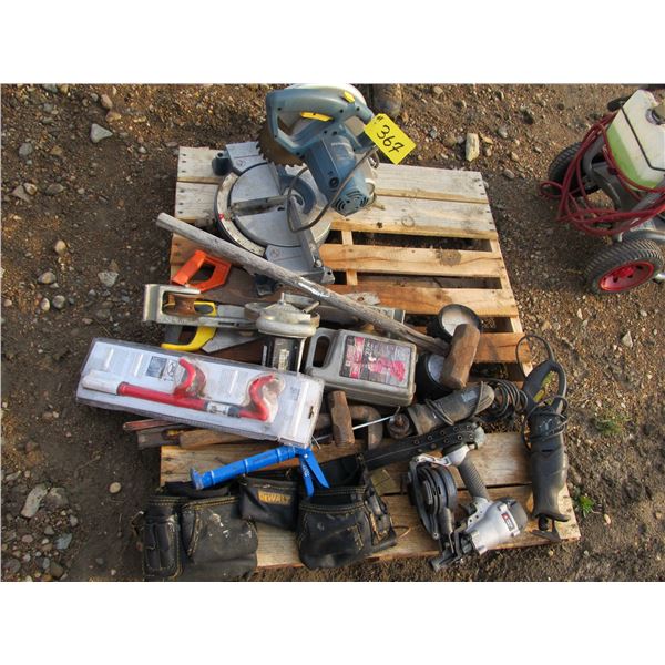 MASTERCRAFT MITRE SAW, SLEDGE HAMMER, CARP BELTS, RECIPROCATING SAW, NAILERS, HAMMERS AND SAWS