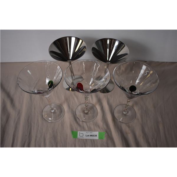 (5) Martini Glasses 2 stainless 2 glass