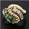 Image 2 : Vintage 14K Yellow Gold .59 ctw Emerald Diamond Rope Texture Ribbed Freeform Rin