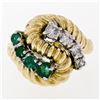 Image 4 : Vintage 14K Yellow Gold .59 ctw Emerald Diamond Rope Texture Ribbed Freeform Rin