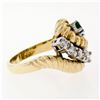 Image 5 : Vintage 14K Yellow Gold .59 ctw Emerald Diamond Rope Texture Ribbed Freeform Rin