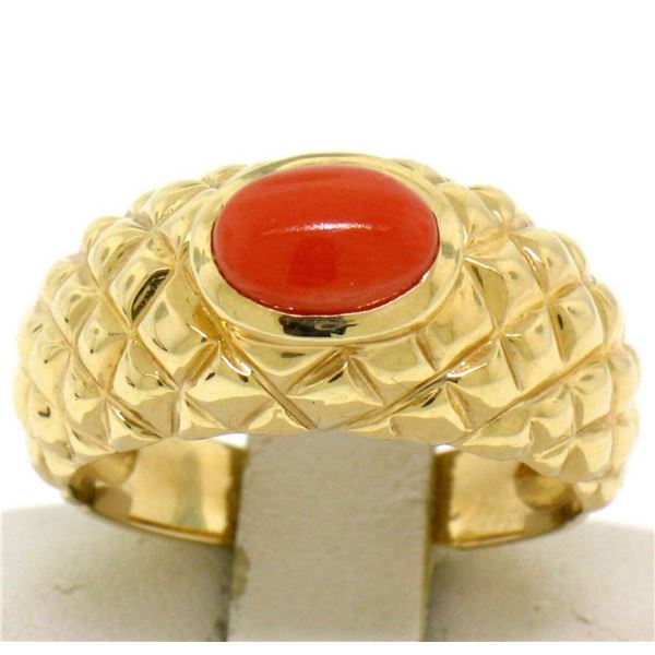 14k Yellow Gold Oval Cabochon Bezel Set Coral Domed Quilted Texture Ring