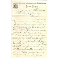 1874 MARYLAND HOUSE OF DELEGATES LETTER