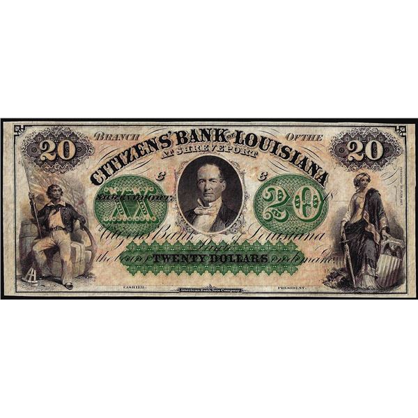 1800' $20 Citizens Bank Louisiana at Shreveport Obsolete Note