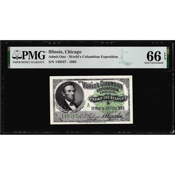 1893 World's Columbian Exposition Ticket Lincoln PMG Gem Uncirculated 66EPQ