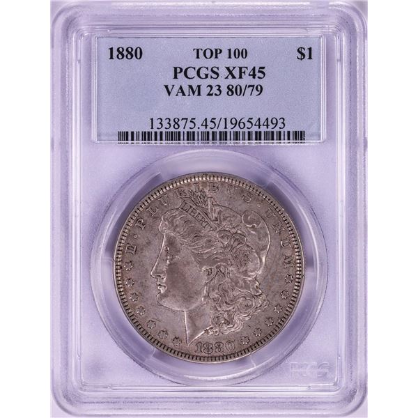 1880 80/79 VAM-23 Top 100 $1 Morgan Silver Dollar Coin PCGS XF45