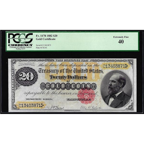 1882 $20 Gold Certificate Note Fr.1178 PCGS Extremely Fine 40