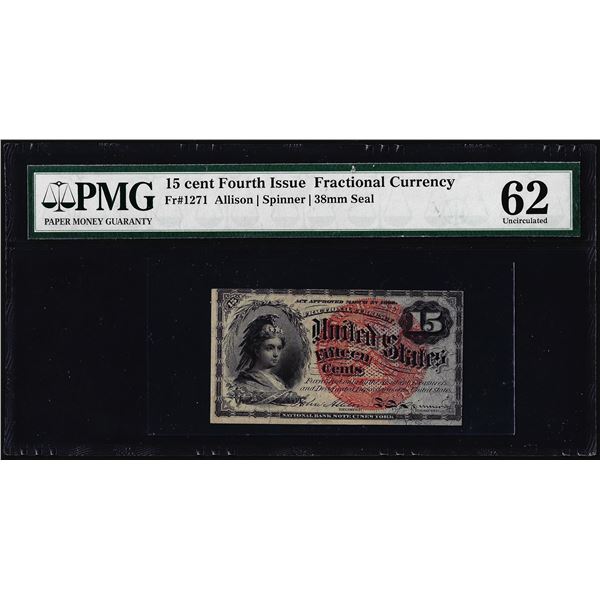 1863 Fourth Issue Fifteen Cents Fractional Currency Note Fr.1271 PMG Uncirculated 62