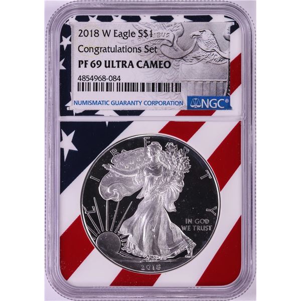 2018-W $1 Proof American Silver Eagle Coin NGC PF69 Ultra Cameo Congratulations Flag