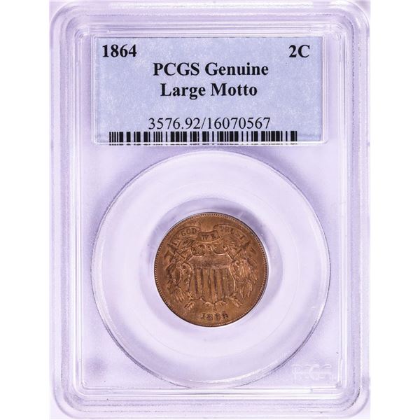 1864 Large Motto Two Cent Piece Coin PCGS Genuine