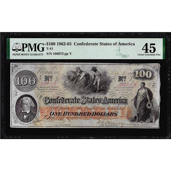 1862-63 $100 Confederate States of America Note T-41 PMG Extremely Fine 45