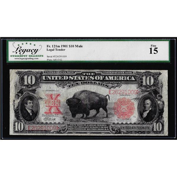 1901 $10 Bison Legal Tender Note Fr.121m Mule Legacy Fine 15