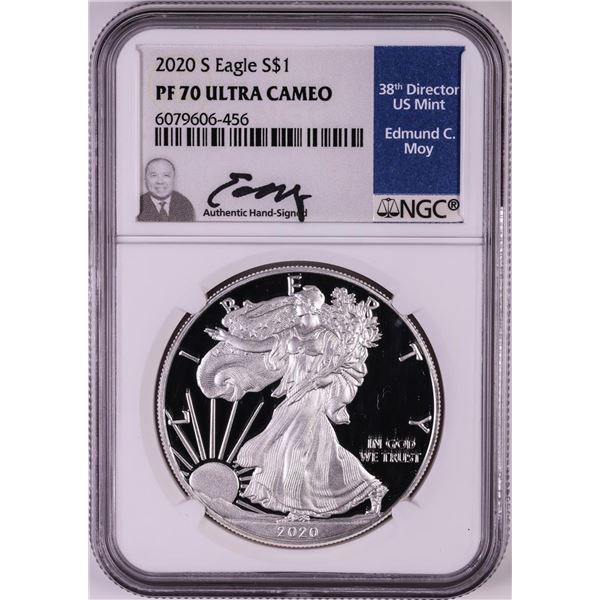2020-S $1 Proof American Silver Eagle Coin NGC PF70 Ultra Cameo Edmund Moy Signature