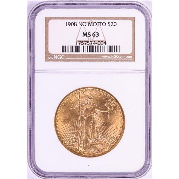 1908 No Motto $20 St. Gaudens Double Eagle Gold Coin NGC MS63