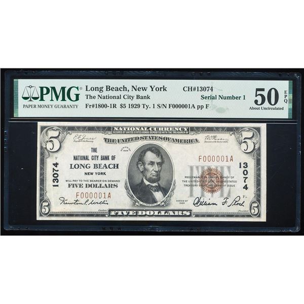 Serial Number 1 - 1929 $5 Long Beach, NY National Note CH# 13074 PMG About Unc. 50EPQ