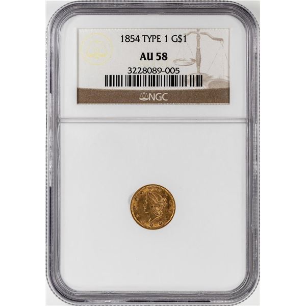 1854 Type 1 $1 Liberty Head Gold Dollar Coin NGC AU58