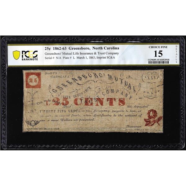 1862-63 25 Cents Greensboro Mutual North Carolina Obsolete Note PCGS Ch. Fine 15 Details