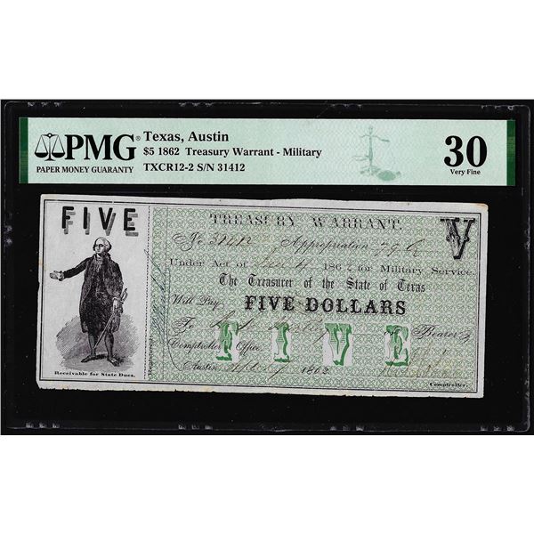 1862 $5 Treasury Warrant Austin Texas Military Note PMG Very Fine 30