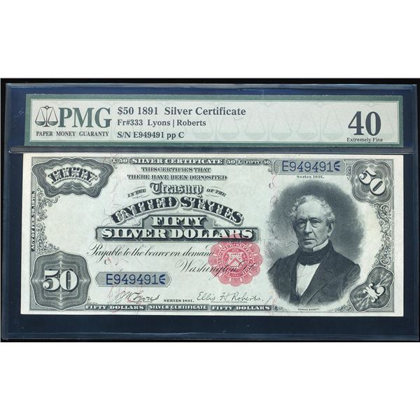1891 $50 Silver Certificate Note Fr.333 PMG Extremely Fine 40
