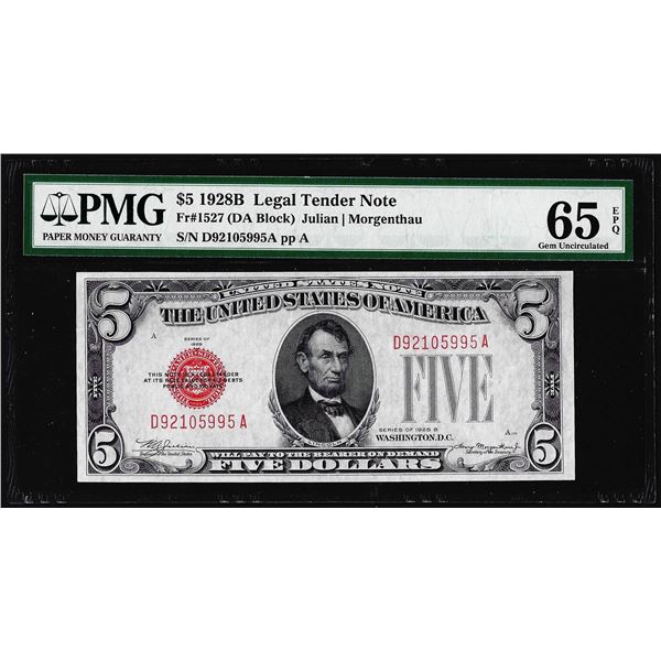 1928B $5 Legal Tender Note Fr.1527 PMG Gem Uncirculated 65EPQ