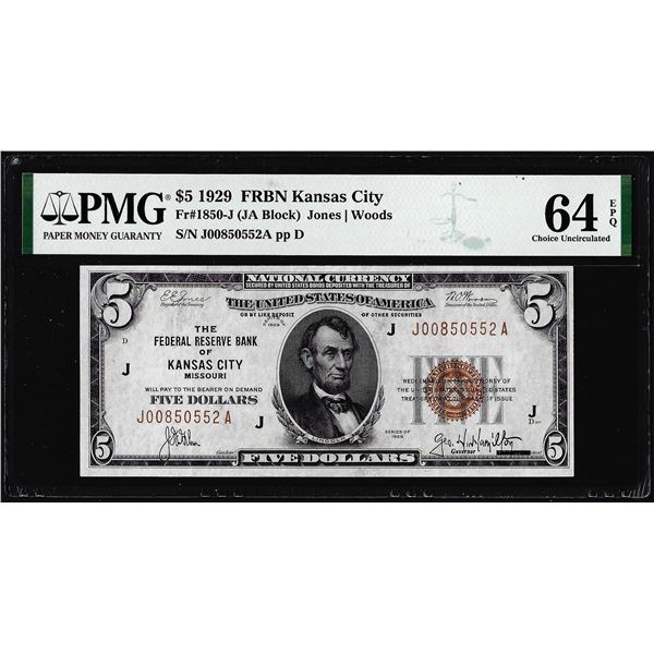 1929 $5 Federal Reserve Bank Note Kansas City Fr.1850-J PMG Choice Uncirculated 64EPQ