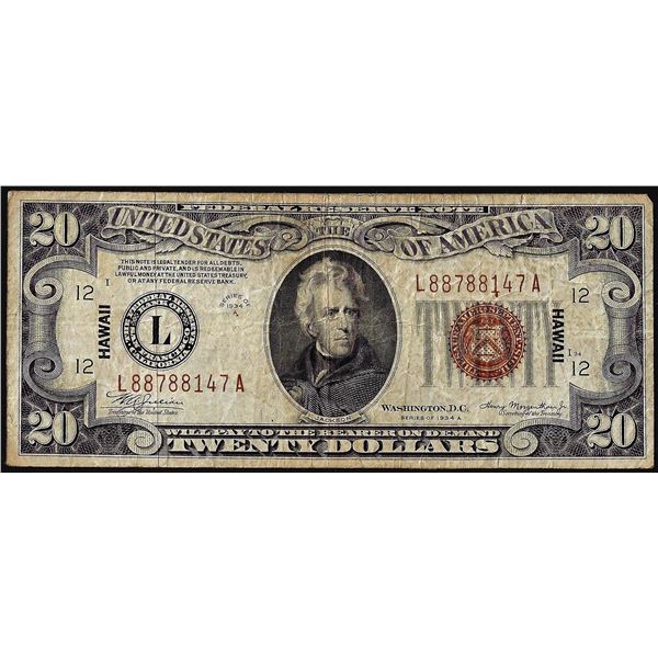 1934A $20 Hawaii  WWII Emergency Issue Federal Reserve Note