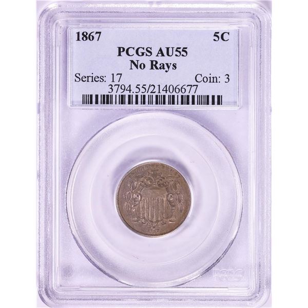 1867 No Rays Shield Nickel Coin PCGS AU55