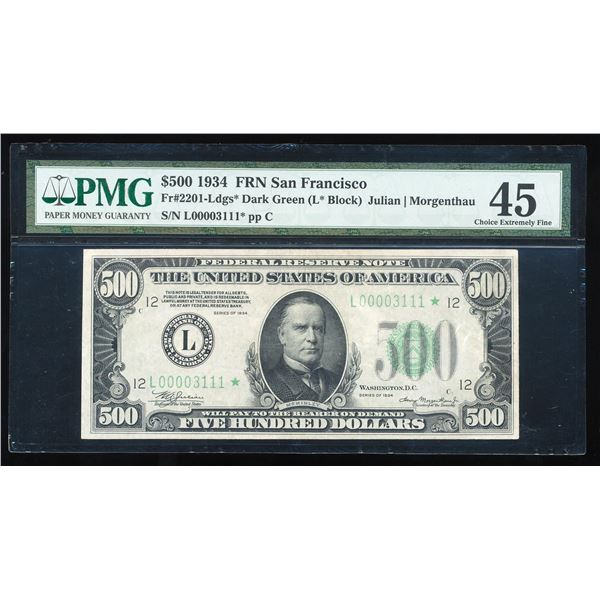 1934 $500 Federal Reserve Star Note San Francisco Fr.2201-L* PMG Ch. Extremely Fine 45