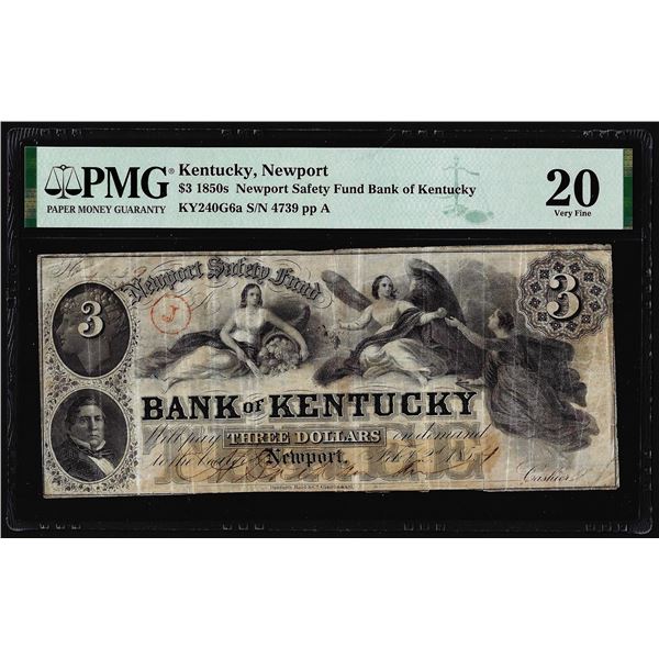 1850's $3 Newport Safety Fund of Kentucky Obsolete Note PMG Very Fine 20