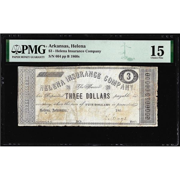 1860's $3 Helena Insurance Company Helena, Arkansas Obsolete Note PMG Choice Fine 15