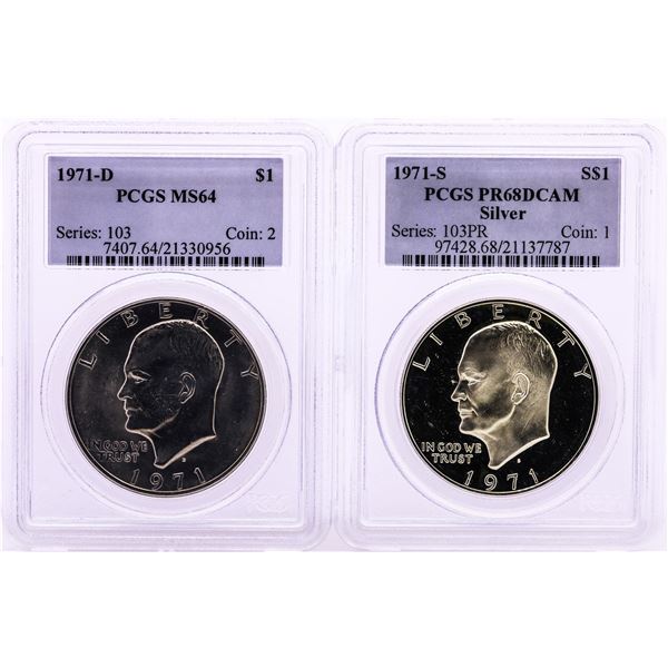 Lot of 1971-D & 1971-S Eisenhower Dollar Coins PCGS MS64 & PR68DCAM