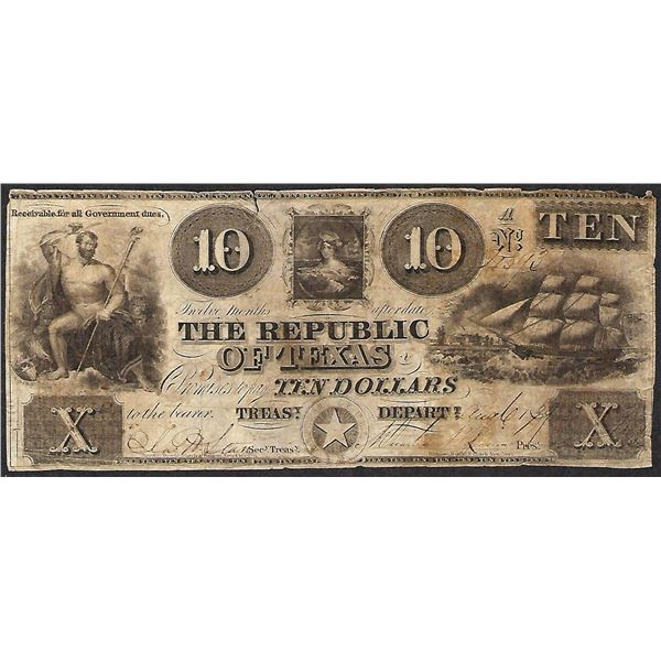 1839 $10 The Republic of Texas Obsolete Bank Note Cut Canceled